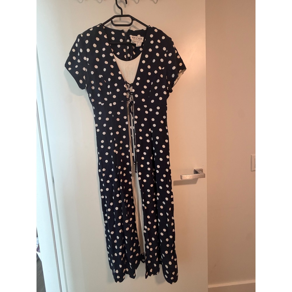 Mascara Vintage Polka Dot Maxi Dress Lace Up Fairy Grunge Navy White Petite 12